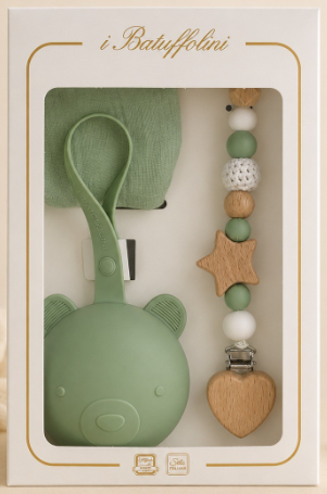 Batuffolini Set Regalo Dou Dou in garza di cotone + Portaciuccio in Silicone+ Catenella per ciuccio in legno e silicone