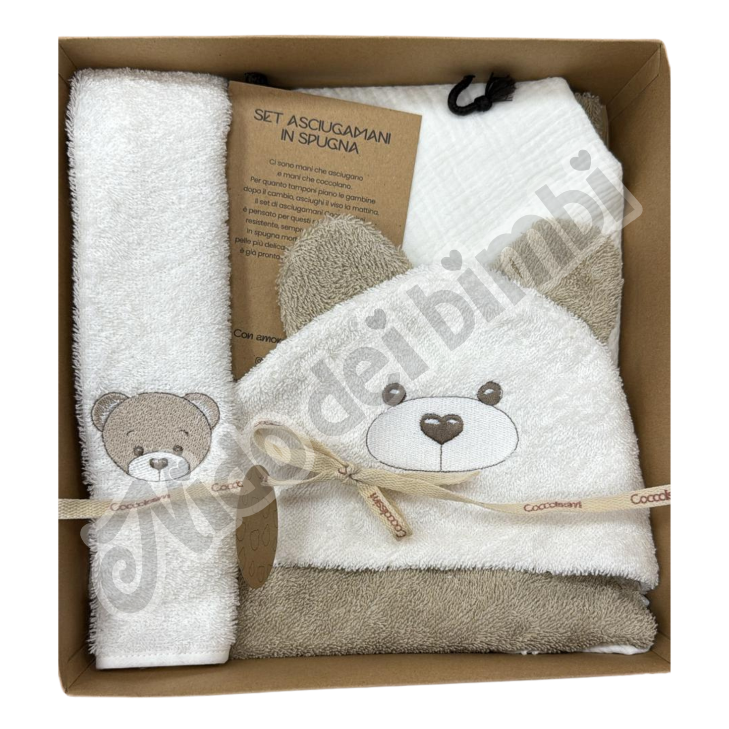 Coccolissimi Kit Regalo Teddy - Accapatoio Triangolo + Asciugamano + Mussola 100% Cotone