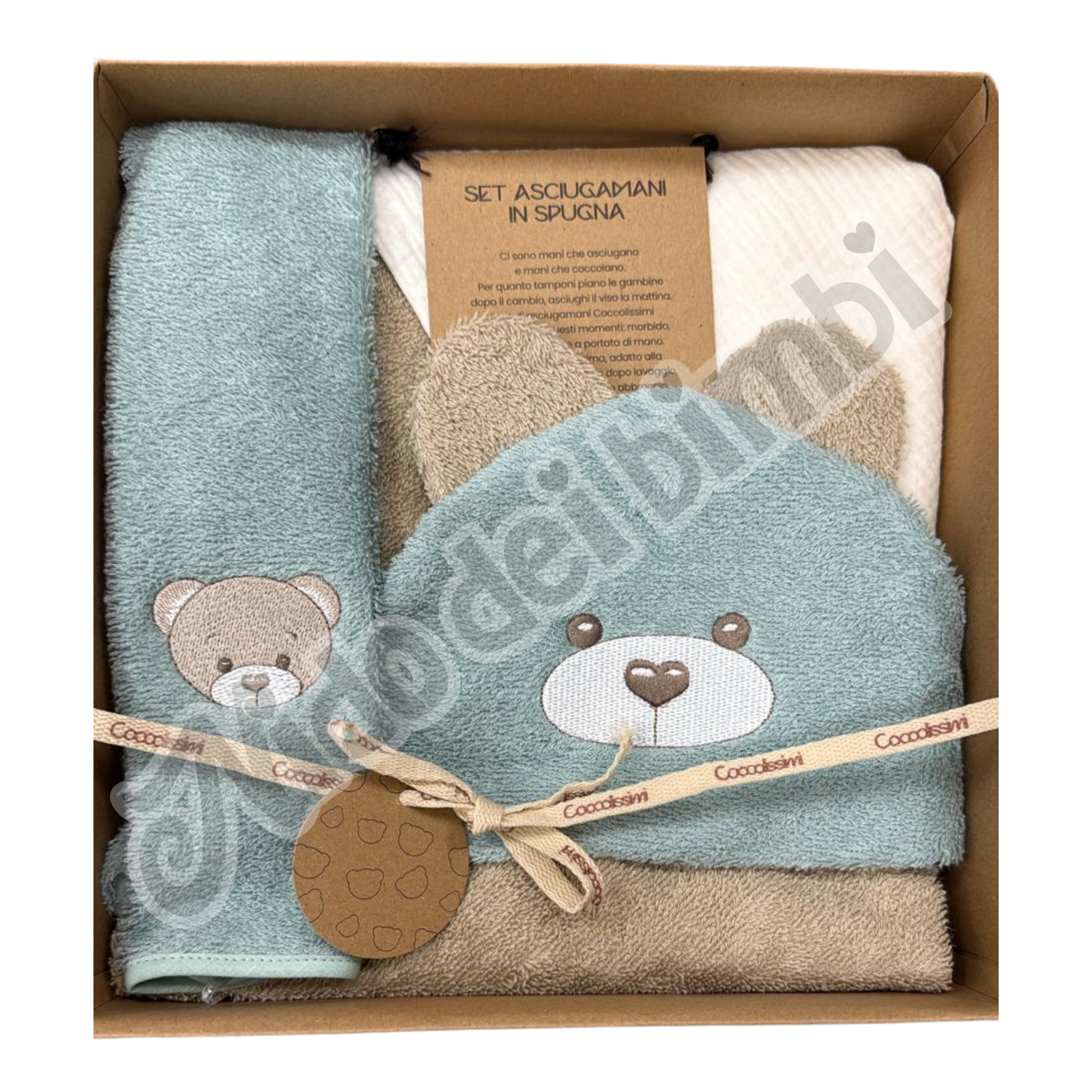 Coccolissimi Kit Regalo Teddy - Accapatoio Triangolo + Asciugamano + Mussola 100% Cotone