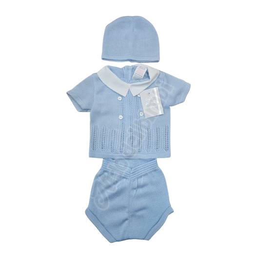 Fruit de ma passion Set 3 pezzi Maglia, pantalone copripannolino e cappello 100% fibra acrilica - Col. Perla Azzurro