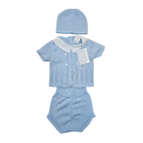 Fruit de ma passion Set 3 pezzi Maglia, pantalone copripannolino e cappello 100% fibra acrilica - Col. Perla Azzurro