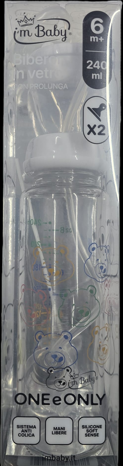 I'm Baby Biberon in Vetro con prolunga 240 ml adatto dai 6 mesi