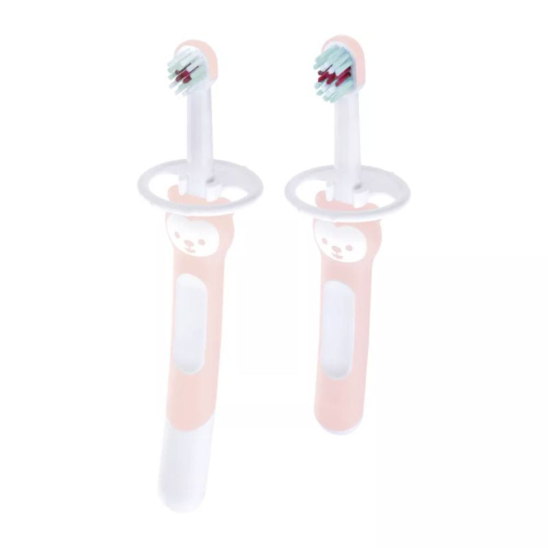 MAM Baby's Brush (Set da 2), Spazzolino denti bambini 6+ mesi con impugnatura antiscivolo, Spazzolino setole morbide per i primi dentini, Neonato accessori utili con anello di sicurezza gola