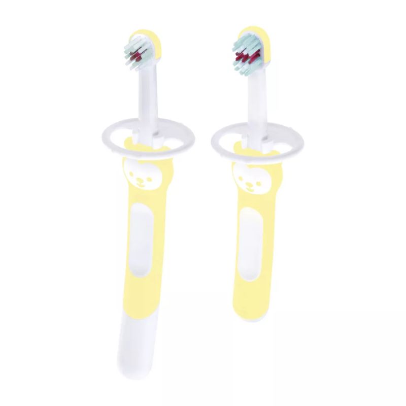 MAM Baby's Brush (Set da 2), Spazzolino denti bambini 6+ mesi con impugnatura antiscivolo, Spazzolino setole morbide per i primi dentini, Neonato accessori utili con anello di sicurezza gola