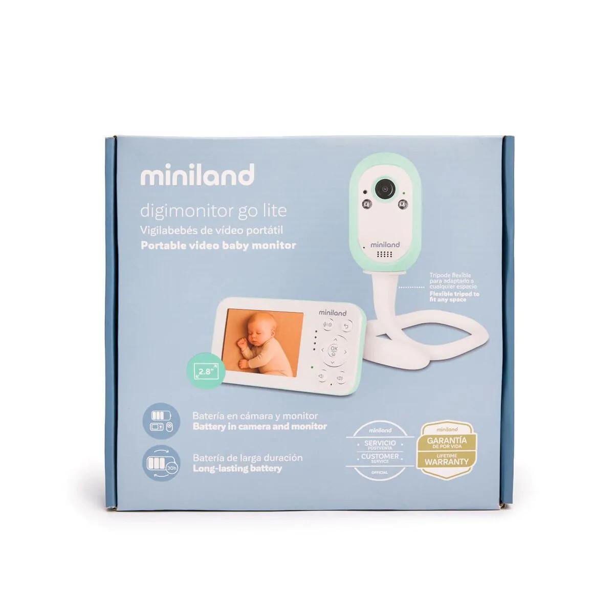 Miniland Baby Monitor video portatile da 2,8'' con batteria di lunga durata nelle videocamera e nel monitor, con 3 piedi flessibile con possibilità di avvolgerla alle sbarre della culla.
