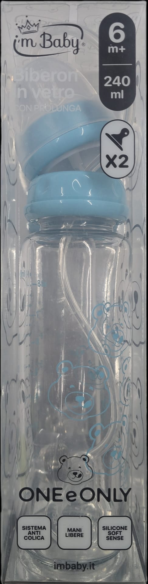 I'm Baby Biberon in Vetro con prolunga 240 ml adatto dai 6 mesi