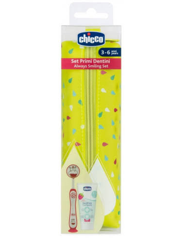 Chicco Set Primi Dentini - Spazzolinoz dentifricio e Custodia - 3/6 anni