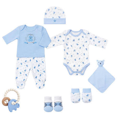 Les Jolies Set Regalo 8 pz Neonato - Tutina taglia 1/3 mesi + 2 Body + Muffolette + Cappello + Calzini + Gioco + Doudou