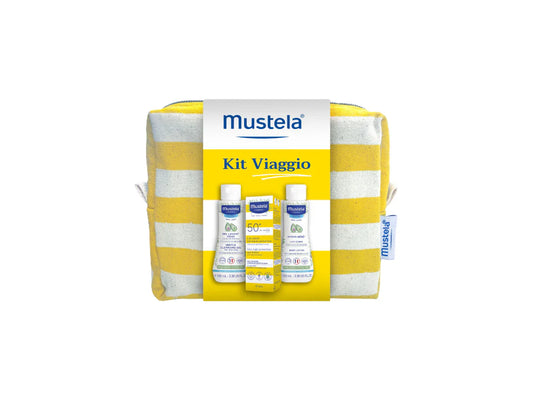 Mustela Kit Viaggio - Gel Lavante corpo e capelli 100 ml, Latte Solare 50+ 40 ml, Latte Corpo 100 ml