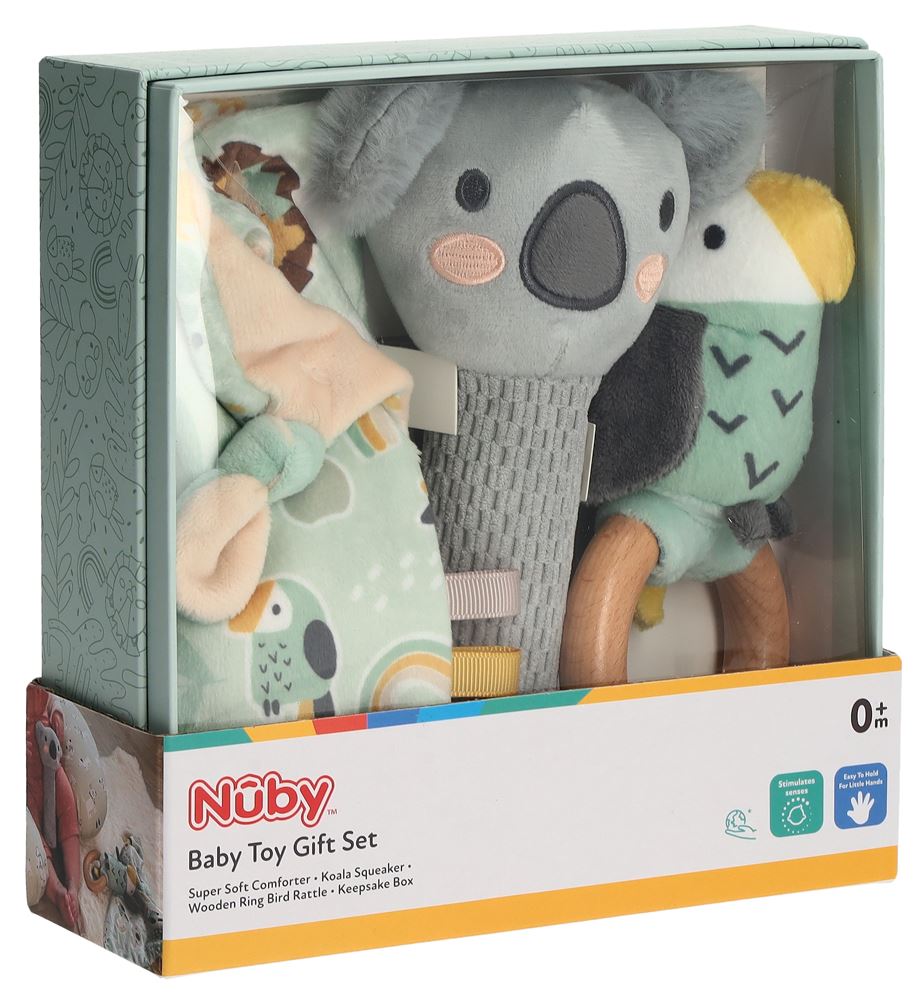 Nuby Set Regalo per bambini - Morbidissimo piumino, Koala che squittisce, Sonaglio in legno per uccellini, Scatola dei ricordi 0m+