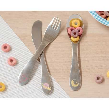 Kiokids Set Posate in acciaio 3 pz Cucchiaio + Forchetta + Coltellino