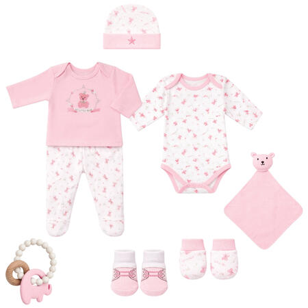 Les Jolies Set Regalo 8 pz Neonato - Tutina taglia 1/3 mesi + 2 Body + Muffolette + Cappello + Calzini + Gioco + Doudou