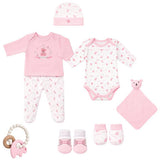 Les Jolies Set Regalo 8 pz Neonato - Tutina taglia 1/3 mesi + 2 Body + Muffolette + Cappello + Calzini + Gioco + Doudou