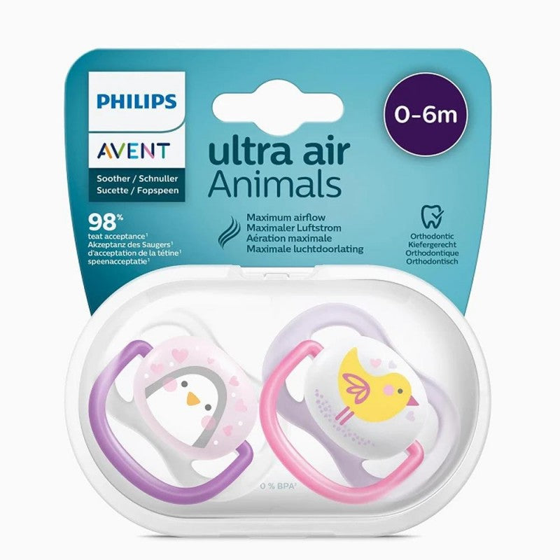 Avent Philips - 2 Succhietti Ultra Air Animals 0-6 mesi - Tettarelle Ortodontiche